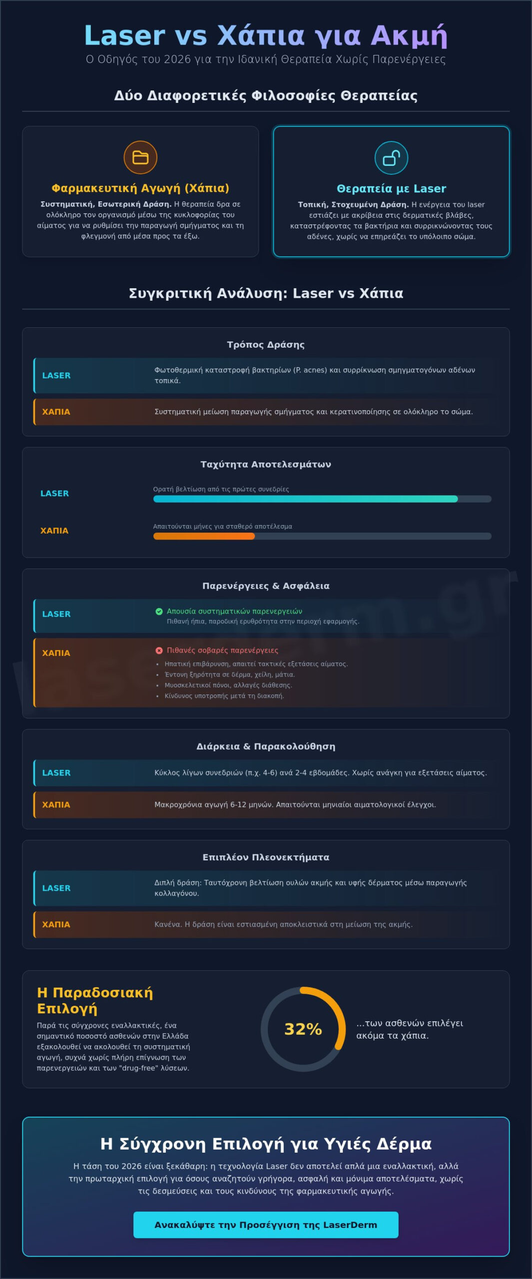 Laser vs Χάπια για Ακμή: Πλήρης Συγκριτικός Οδηγός Θεραπειών για το 2026 - Infographic